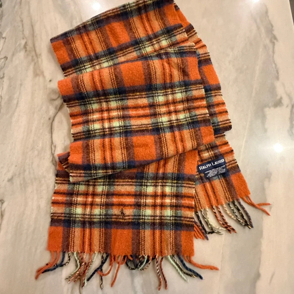 Vintage Ralph Lauren Scarf 80s Lambswool Orange Plaid Scotland Polo Pony FLAWED